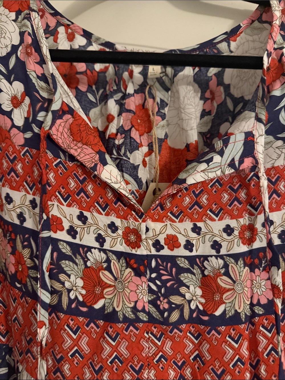 Women's Navy Floral Top with Red and White Accents - Picture 2 of 7